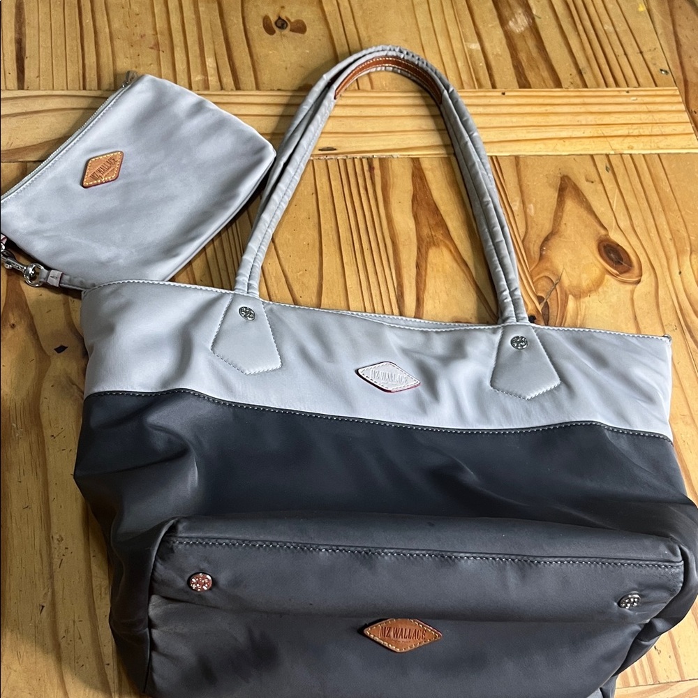MZ WALLACE Soho Nylon Large Tote Bag In Fog And Magnet Colorblock w/bag pouch